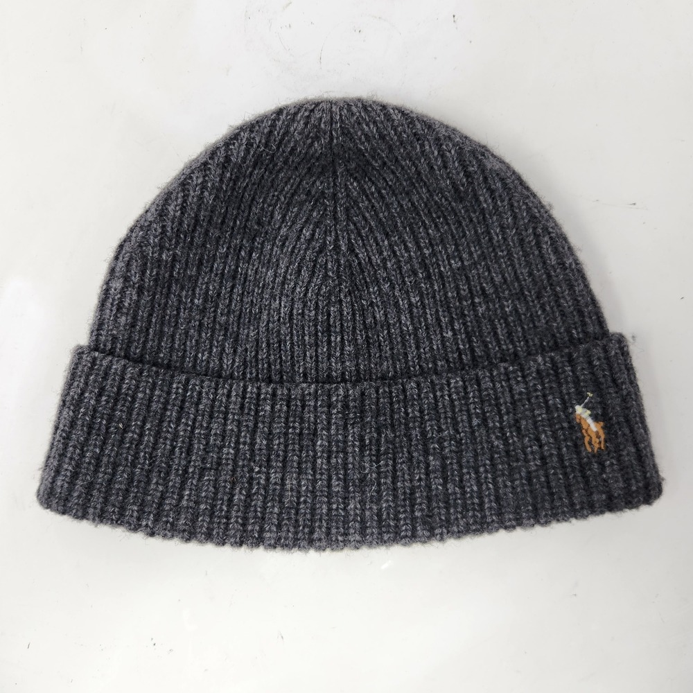 Polo Ralph Lauren Charcoal Grey Ribbed Knit Beanie Embroidered Pony Hat